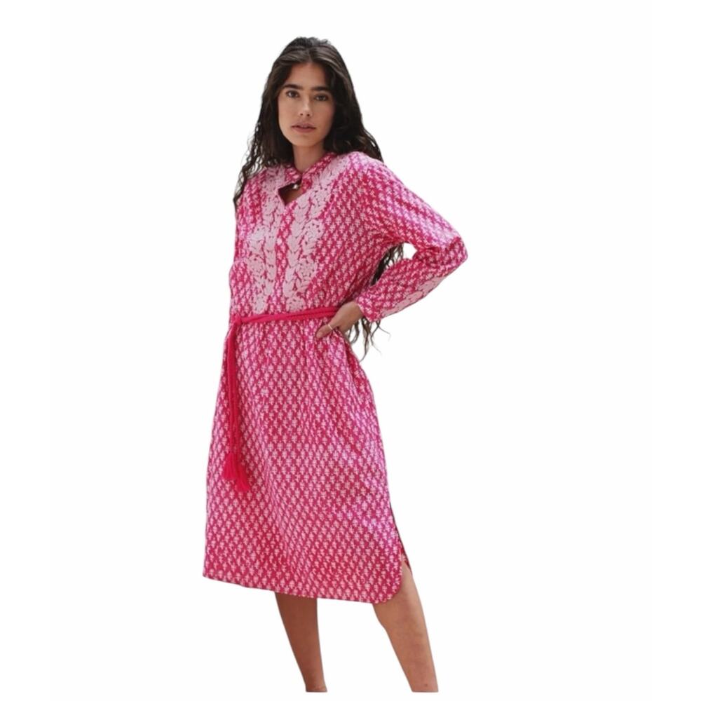 Ex Voto Ivy Caftan Midi Raspberry Block Print Embroidered Boho Belted NWT Medium